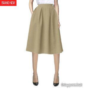 Knee Length A-Line Midi Skirt Elastic Waist Pockets Work Casual